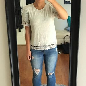 LOFT: Light Grey Crochet Trim Tee